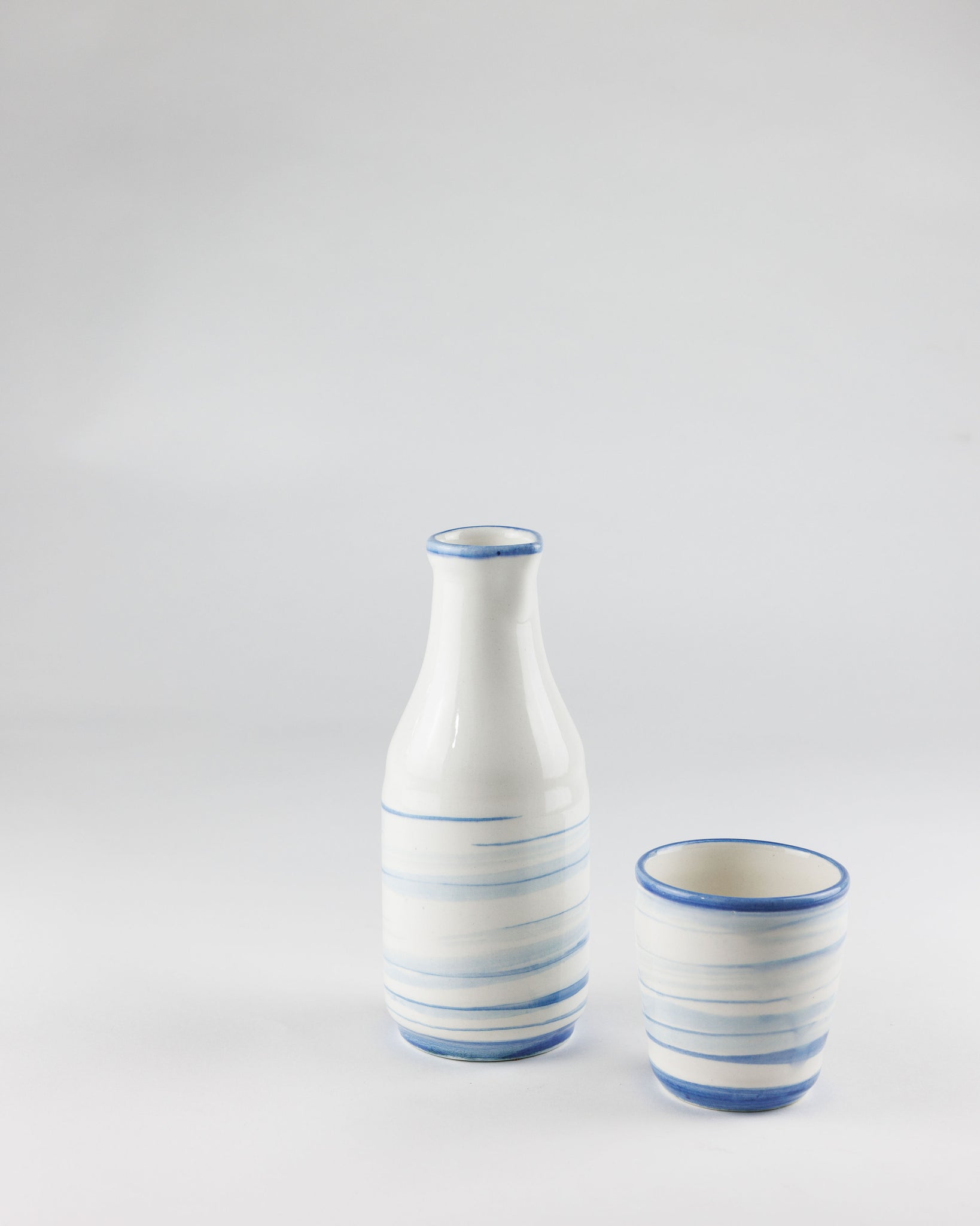Carafe Set: 1 Carafe + 2 Cups matching white and blue details