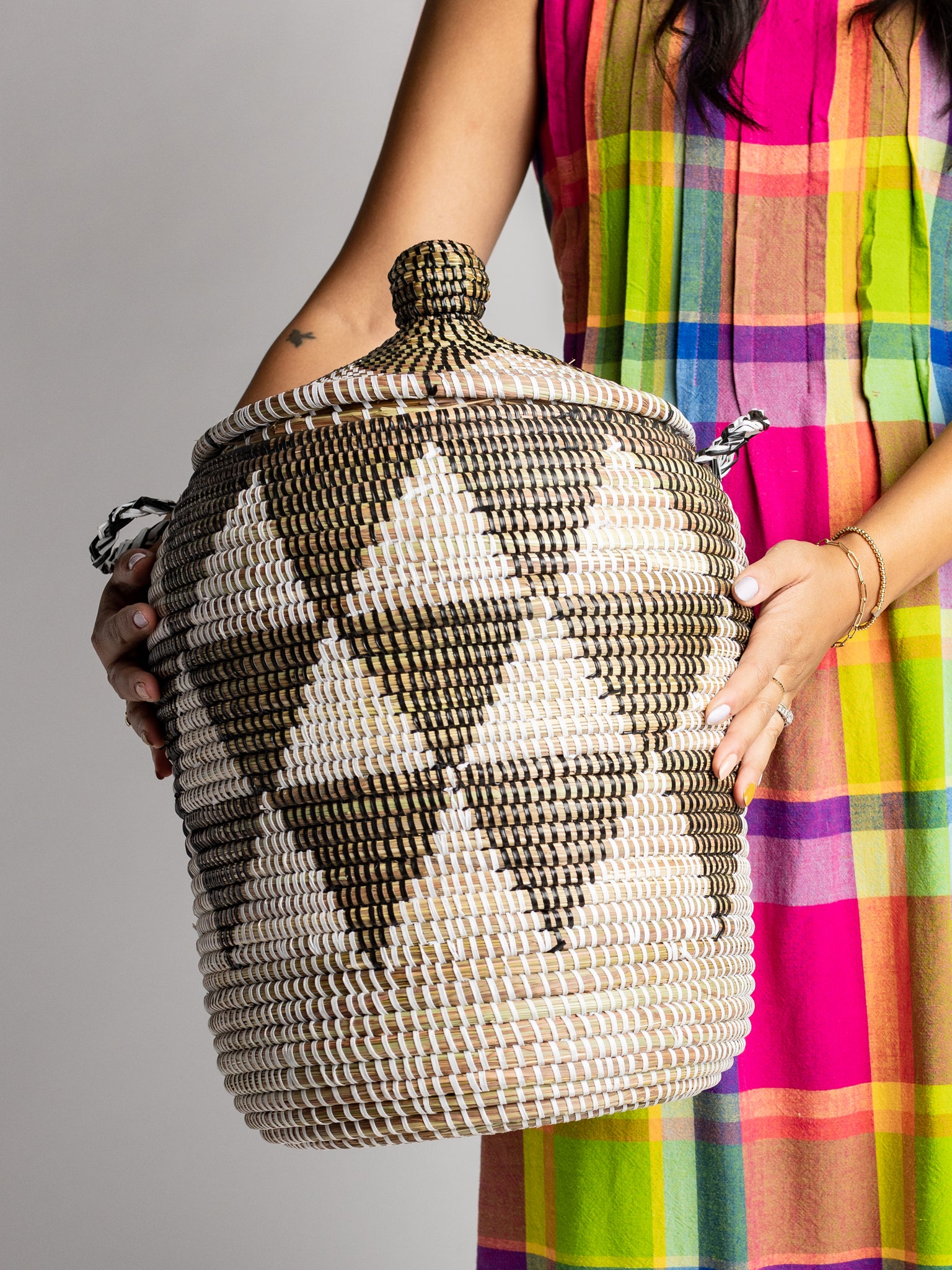 Basket - handwoven in West Africa with pattern, perfect for storage