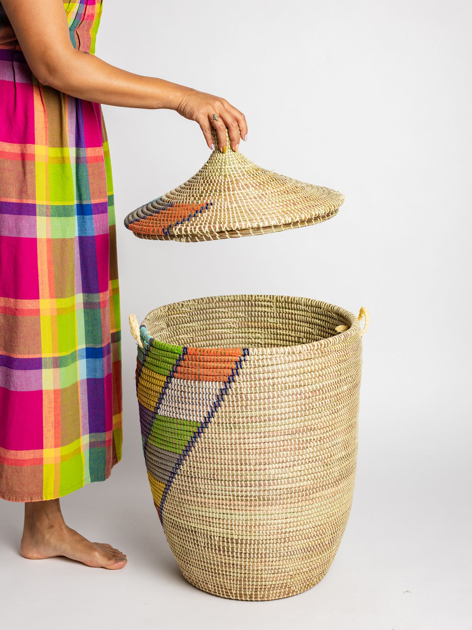 Basket - handwoven in West Africa with pattern, perfect for storage