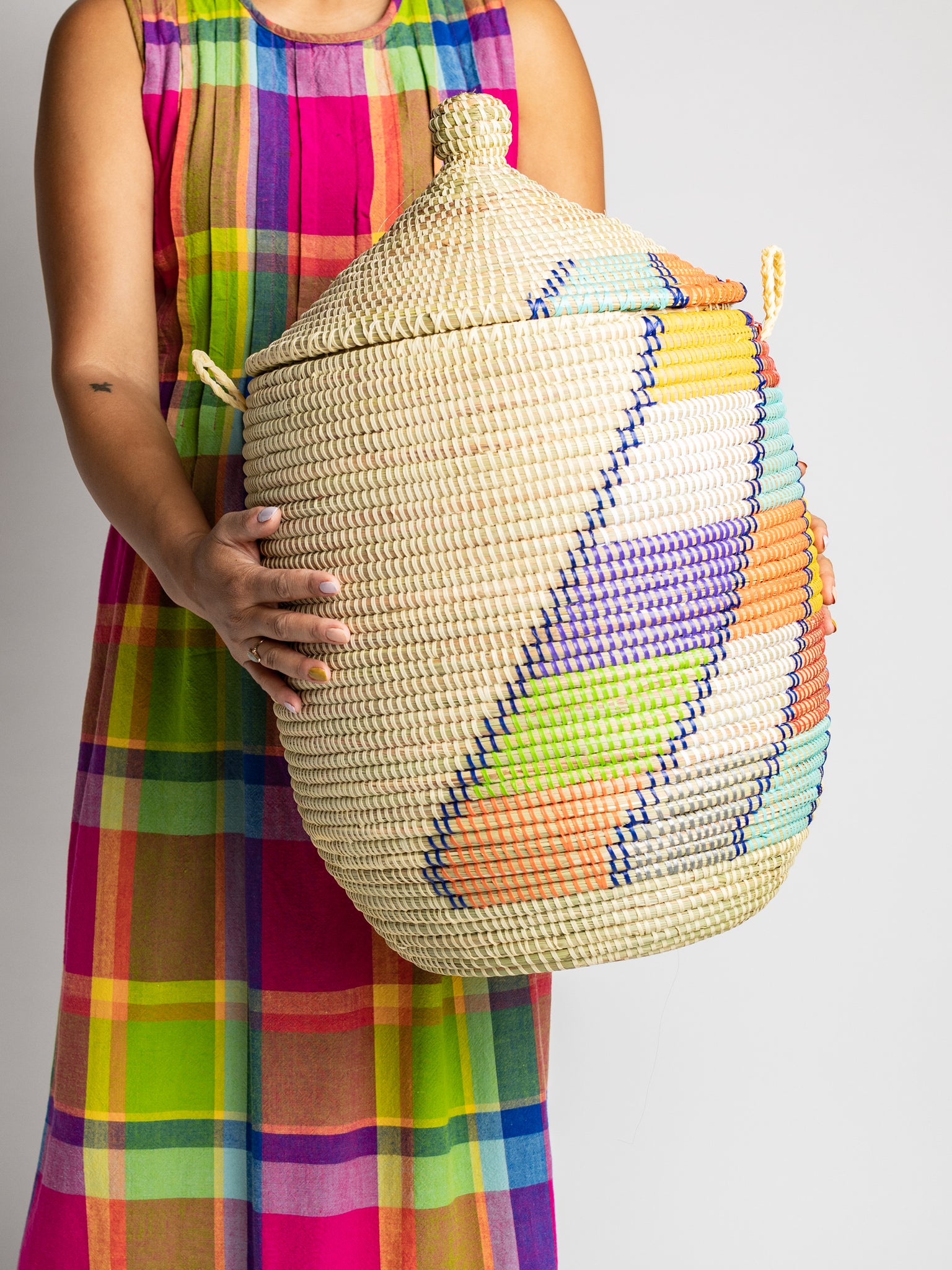 Basket - handwoven in West Africa with stripes, perfect for storage